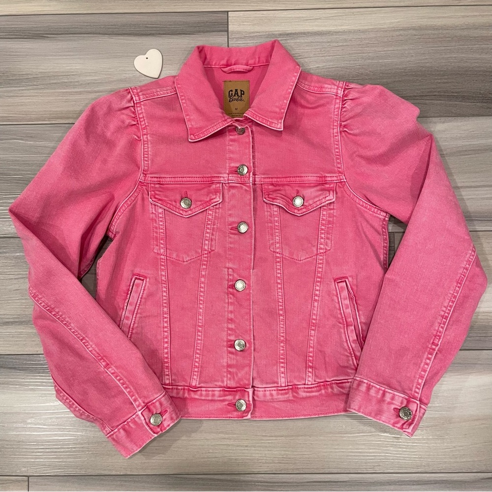 GAP x BARBIE Adult Puff Sleeve Icon Denim Jacket Size Medium Phlox Pink